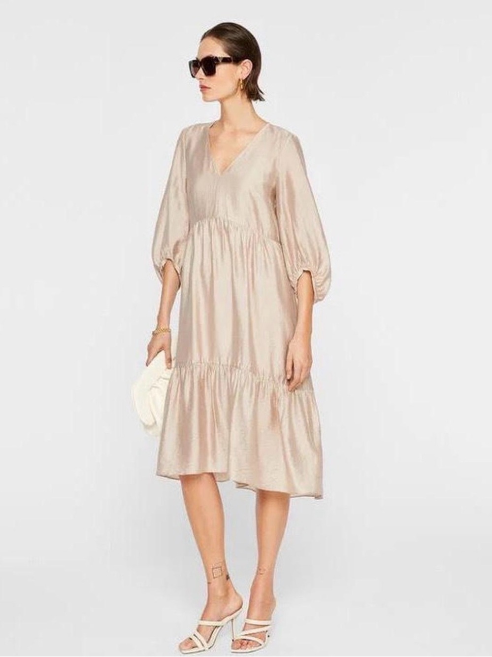 Club Monaco Cream Silky Tiered Midi Dress Billowy Balloon  Fairycore Coquette M